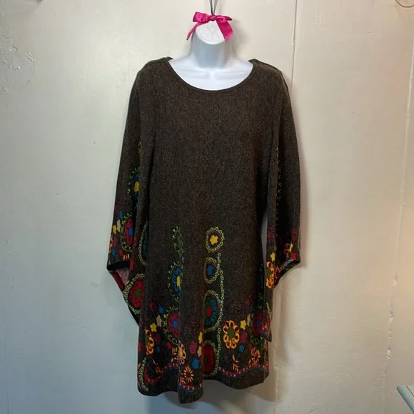 ARYEH Boho Hip Fanciful Long Flare Sleeved Colorful Sweater dress -M- #0029 - Picture 2 of 13